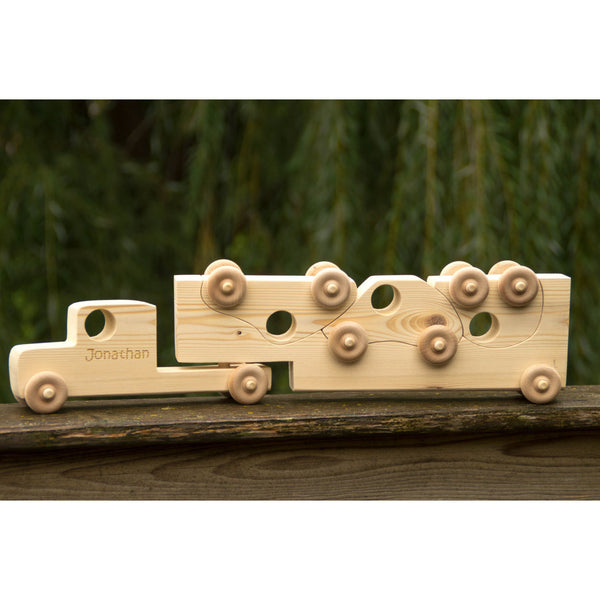 Wooden Toy Truck with Toy Cars - Personalized Toy - Semi Trailer Push Toy for Children and Toddlers - Little Wooden Wonders