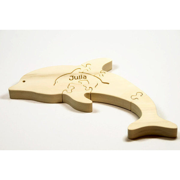 Wooden Dolphin Puzzle with baby Gift for Toddlers and Children Personalized Name for Free - Little Wooden Wonders
