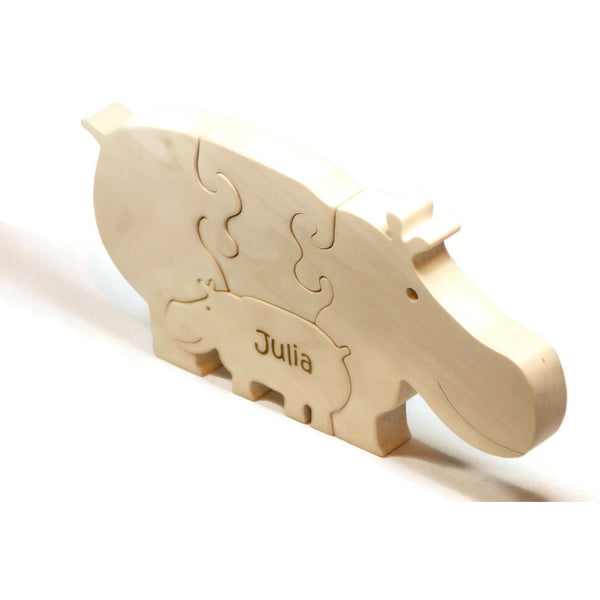 Wooden Puzzle Hippo Hippopotamus with baby Gift for Toddlers and Children Personalized name - Little Wooden Wonders